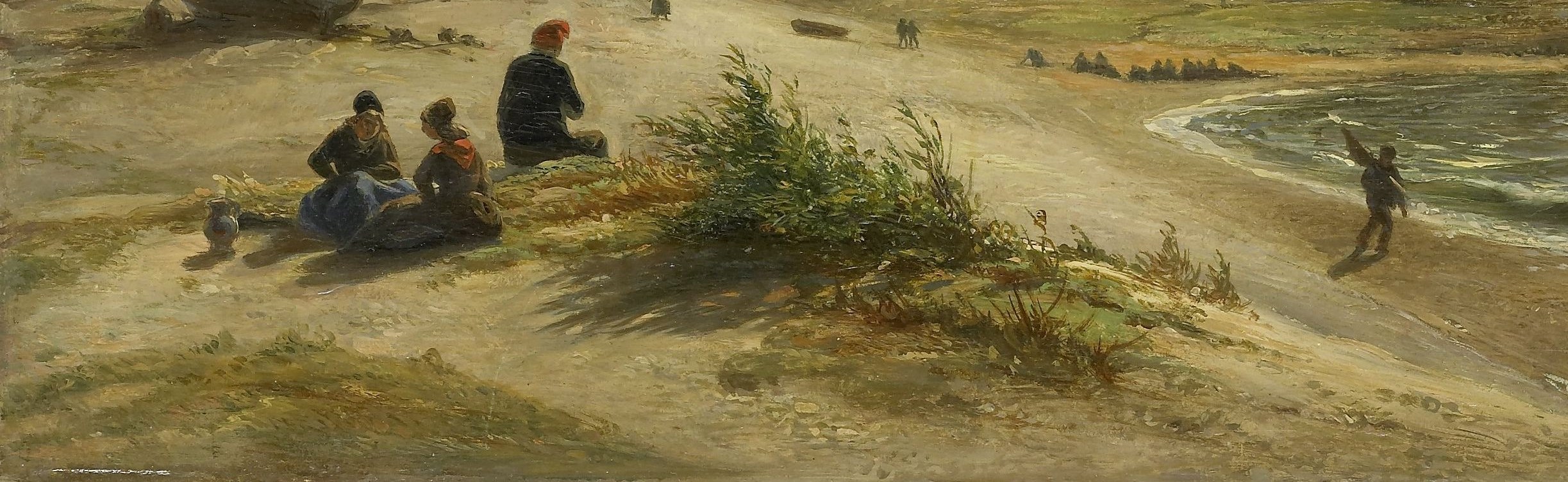 The wide, empty sand acts as a stage floor , its lightness and horizontality pull the eye toward the figures and boats clustered at left.