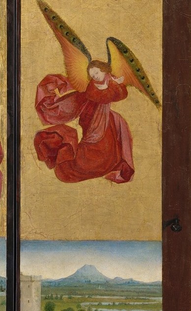 Crimson wings are iconographically unusual , seraphim closest to divine fire are sometimes shown in red, signaling this is not a generic attendant but a higher celestial rank.
