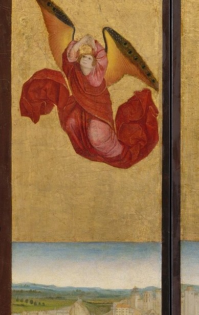 Mirror of the left angel; bilateral symmetry around the cross is a deliberate formal choice , together they form a living reredos framing the Passion.