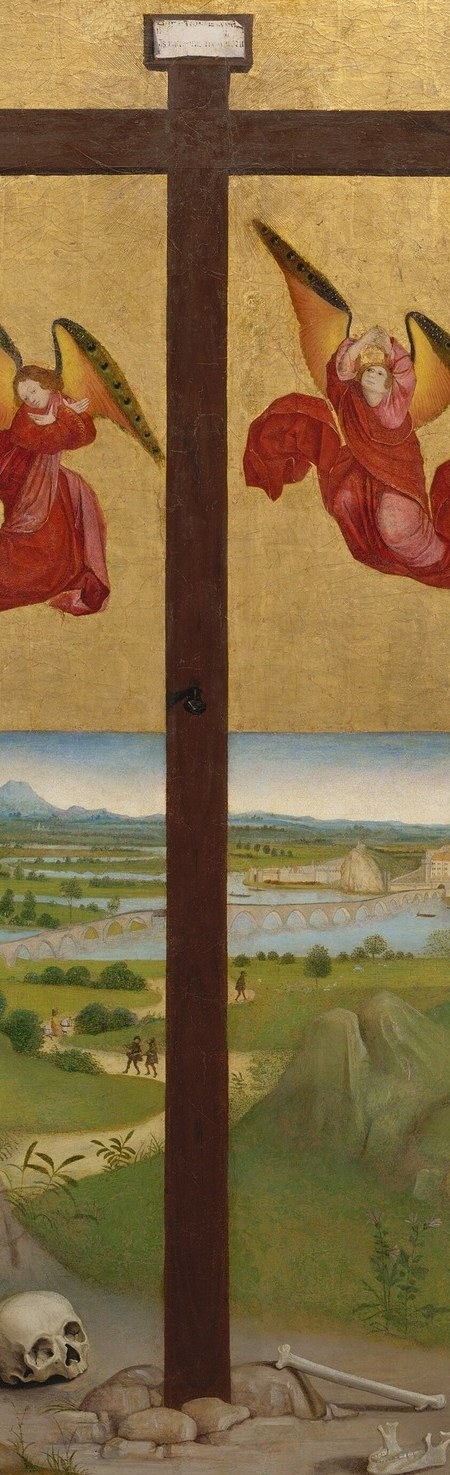 The devotional axis of the entire altarpiece; its near-full-panel height forces a vertical reckoning with sacrifice , the cross-beam interrupts the landscape horizon like a caesura.