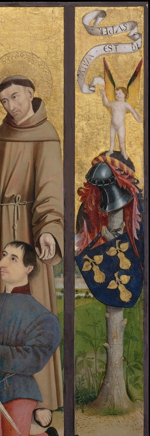 Identifiable by the brown habit and probable stigmata , wounds that mirror Christ's , making him the ideal intercessor figure on the side of the cross opposite the skull.
