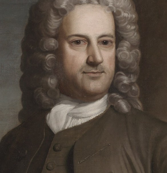 The elaborate, curled wig signifies wealth and adherence to 18th-century fashion standards.