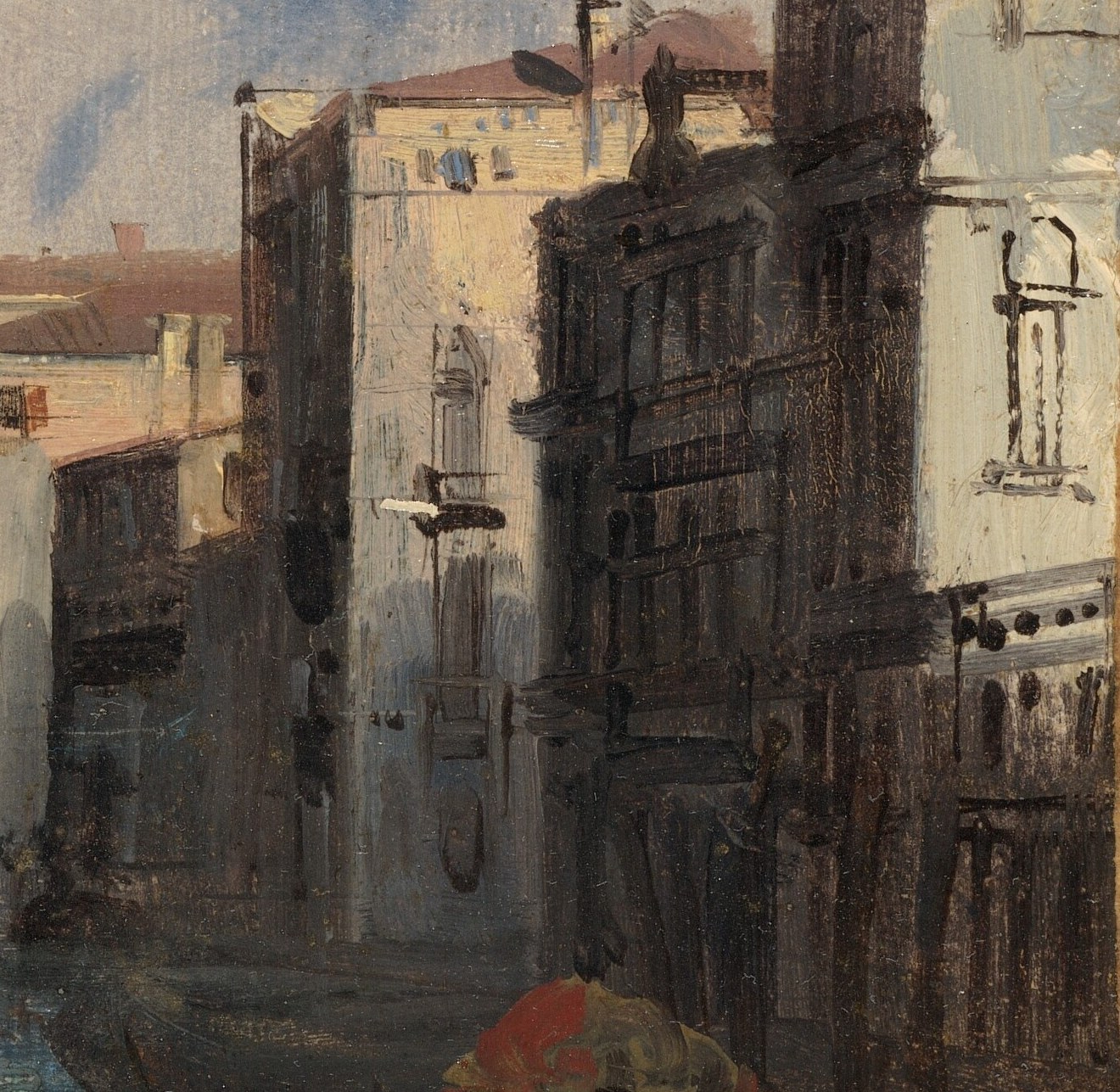 The strong light and shadow create a sense of depth and highlight the architectural details of Venetian buildings.