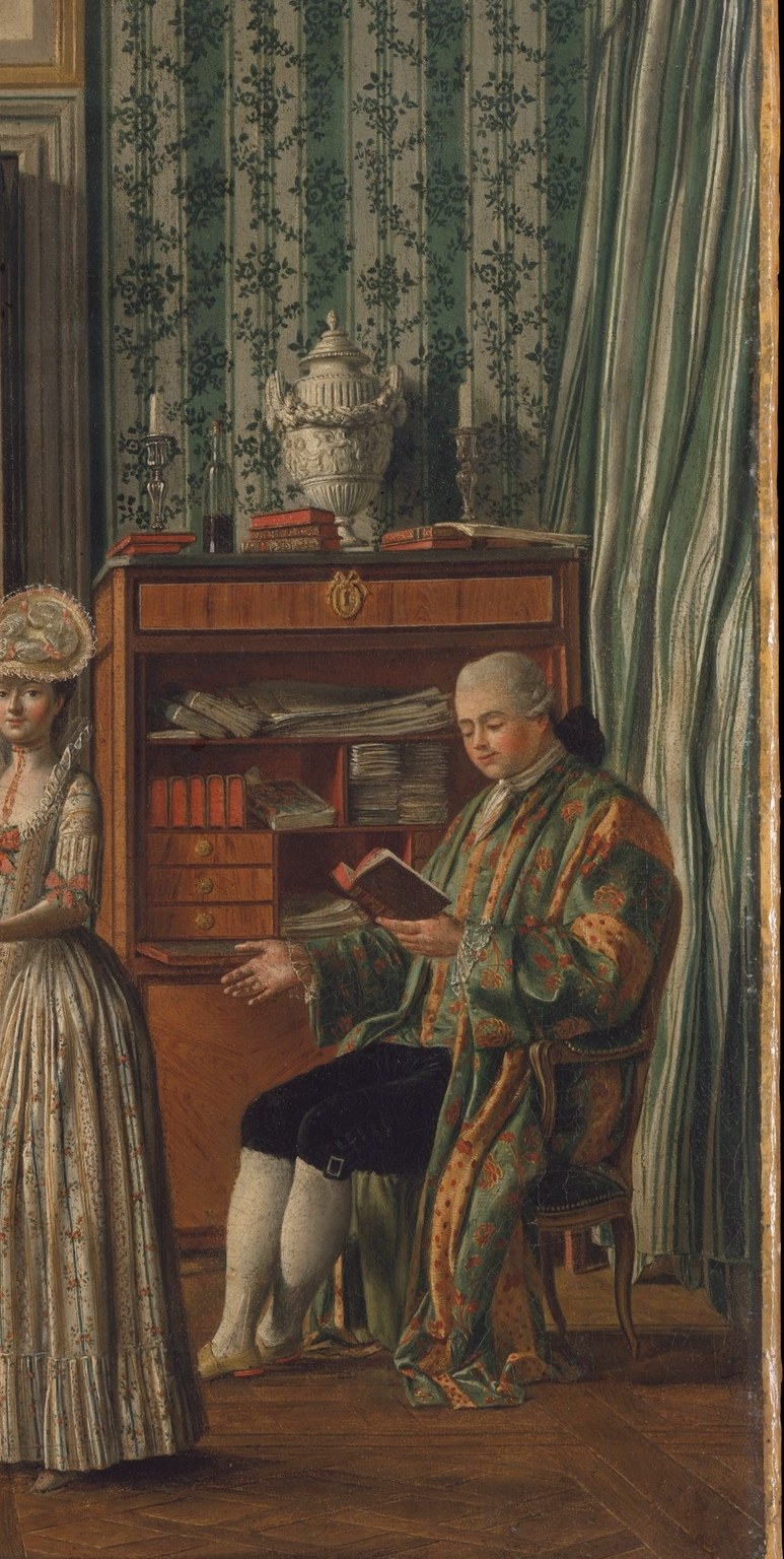 The banyan (informal house robe) was a sign of learned domesticity in the 18th century; his reading places him in the intellectual half of the domestic partnership
