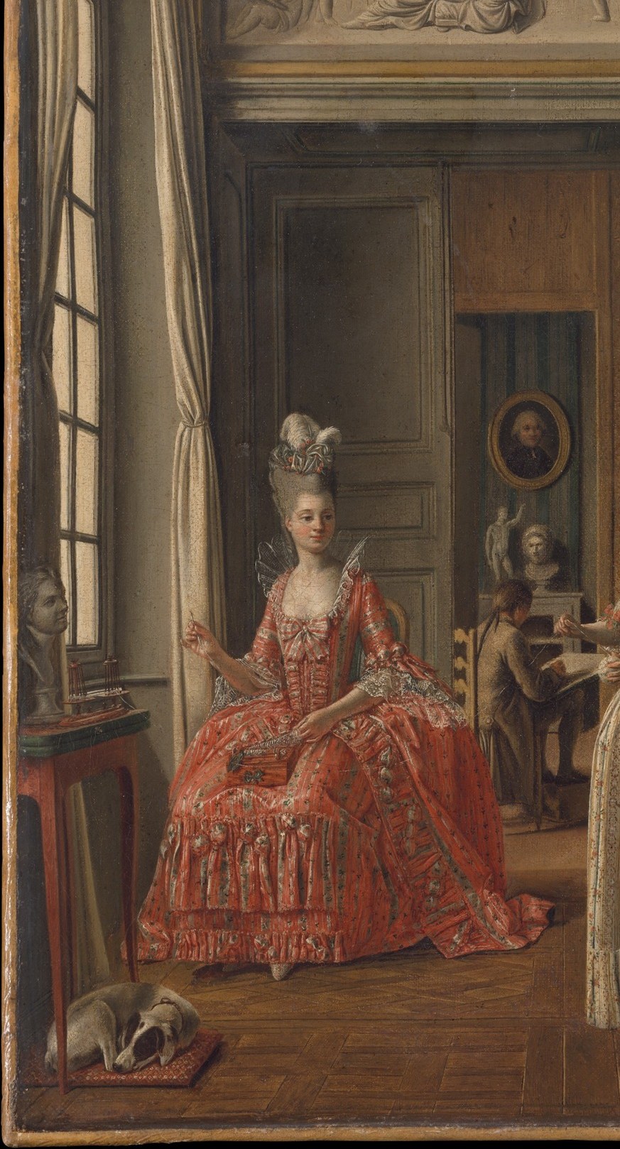 The elaborate pannier skirt and powdered coiffure mark her as the household's lady; her downward gaze signals absorption in handiwork, not display