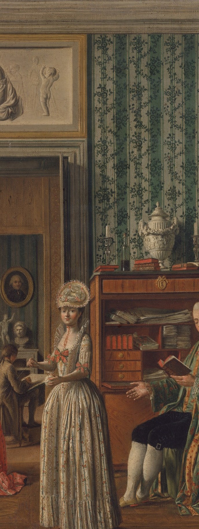 This piece of furniture anchors the room's status; its open face reveals small drawers and shelves that invite speculation about what is stored inside