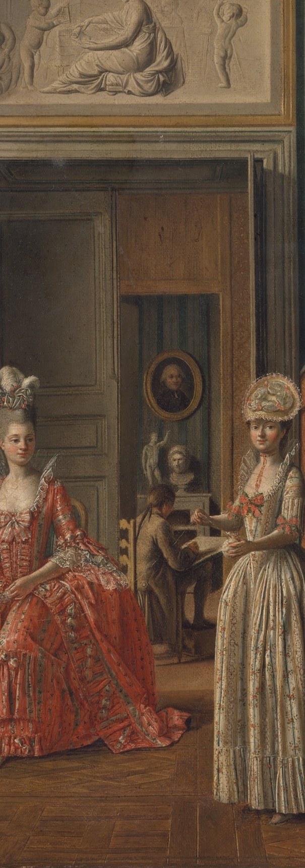 Her plainer dress and upright service posture establish a social hierarchy with the seated mistress , the domestic triangle of the scene turns on her