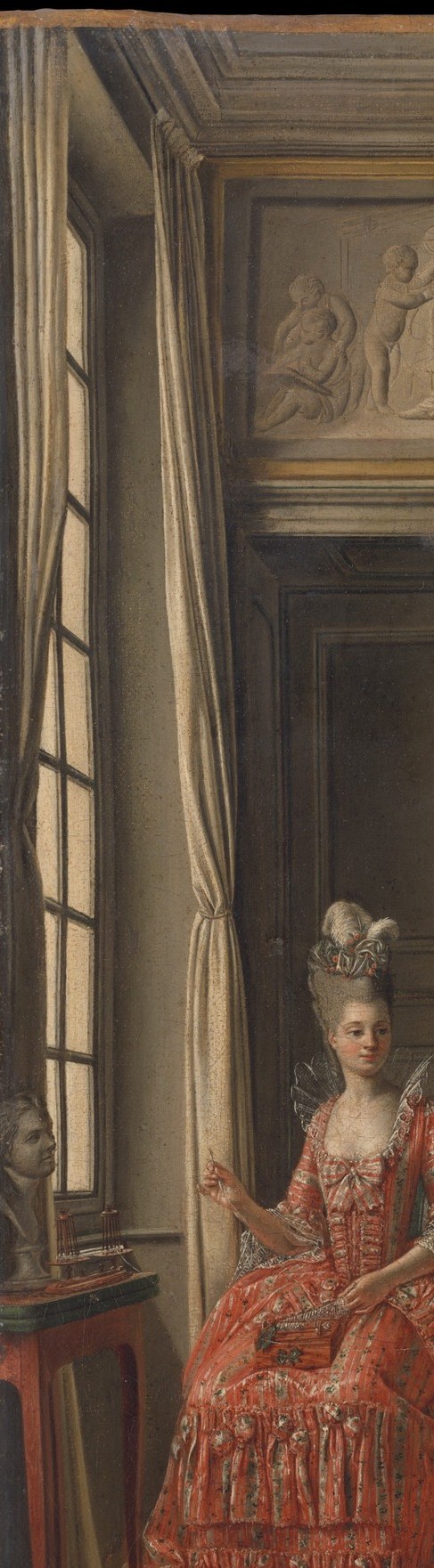 The window is the painting's single light source; the painter uses it to model the pink dress folds in a Dutch-interior tradition still alive in 1775 Germany