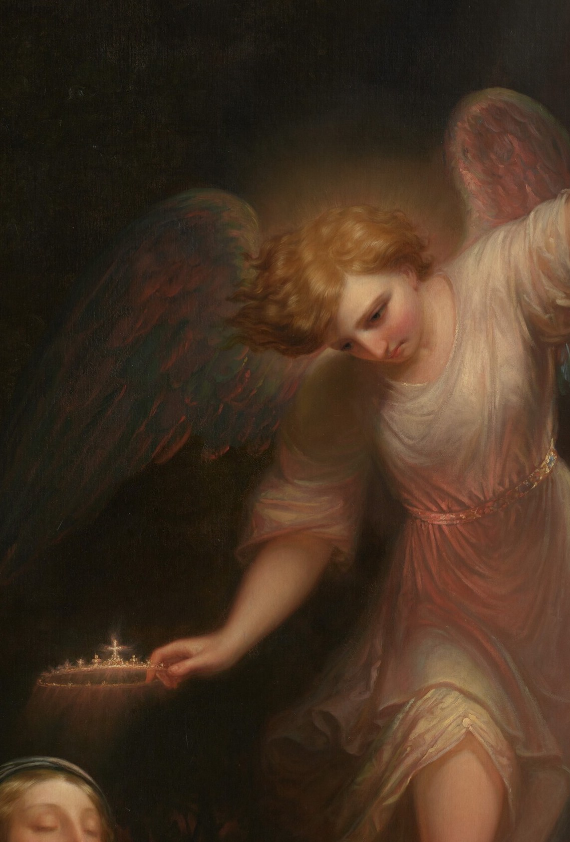 An angelic figure floats above her, with soft, feathered wings.