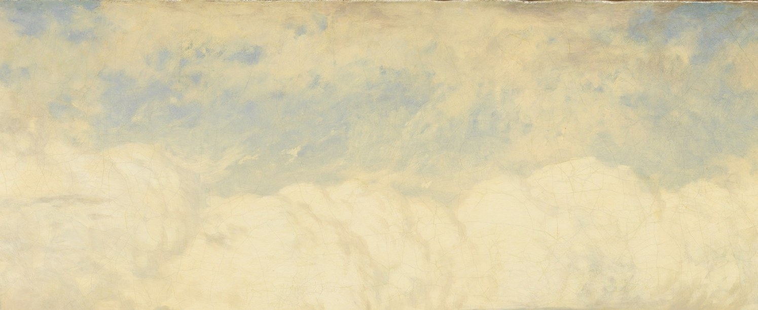 Constable-style cloud architecture is the compositional engine , warm light breaks through at centre, generating the entire mood of the painting