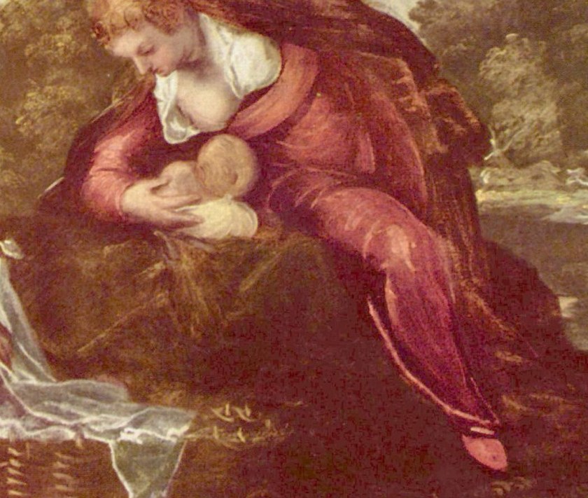 The intimate pose and the baby's vulnerable form evoke a sense of protection and divine destiny.