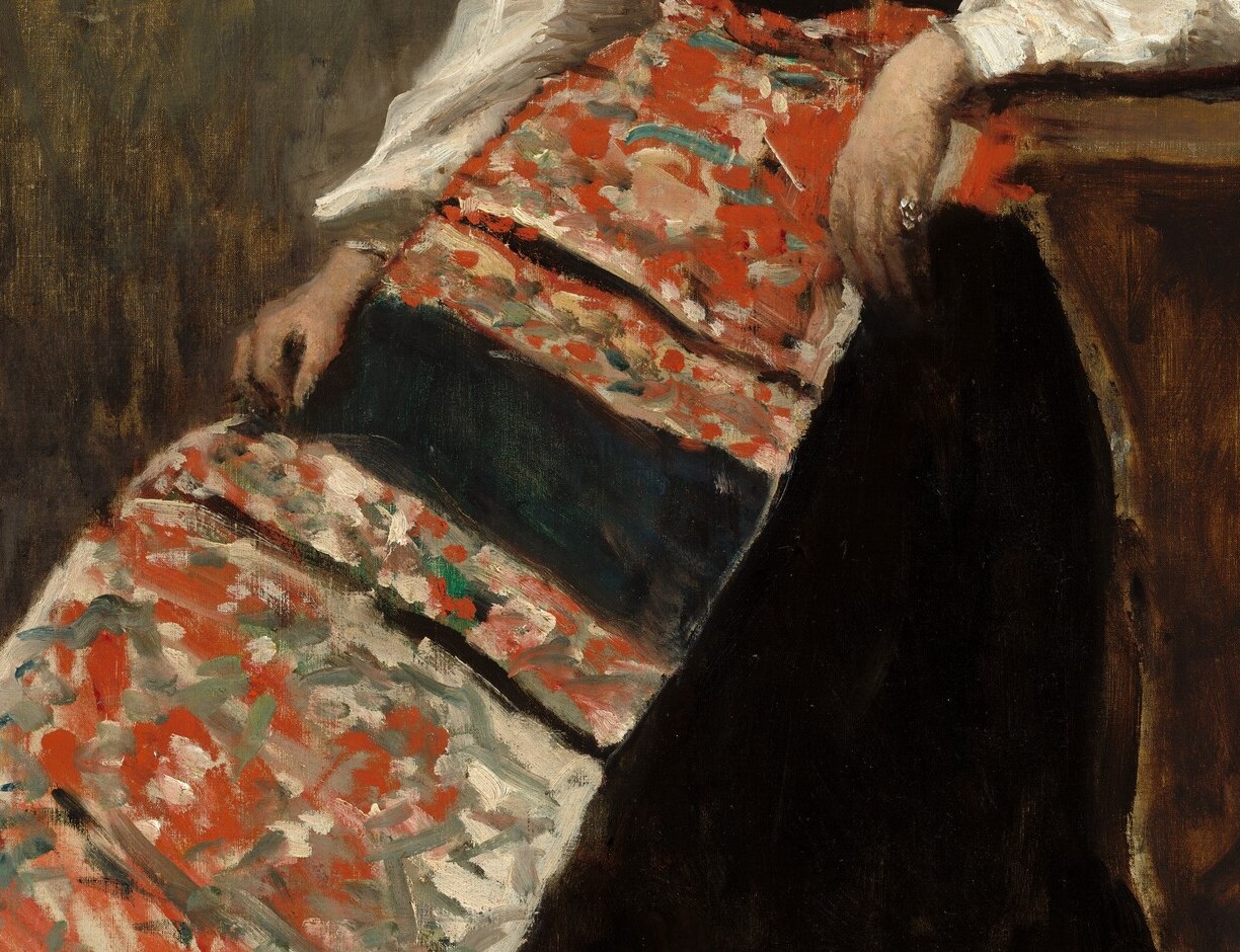 The most complex textile passage in the painting; the pattern reads as authentic Italian regional costume and rewards close inspection , each bloom is distinct despite loose handling.