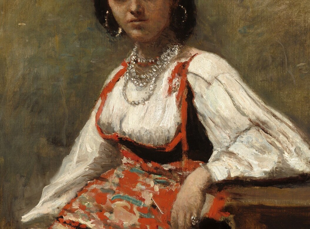 The largest light mass in the composition; Corot's brushwork here is unusually painterly, the fabric reading as both convincingly real and freely rendered.