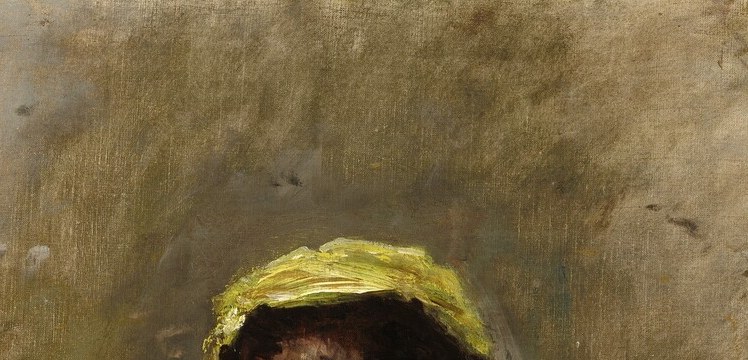 The one bright chromatic accent in the upper half; anchors her identity as Italian folk subject and sets the warm palette key.