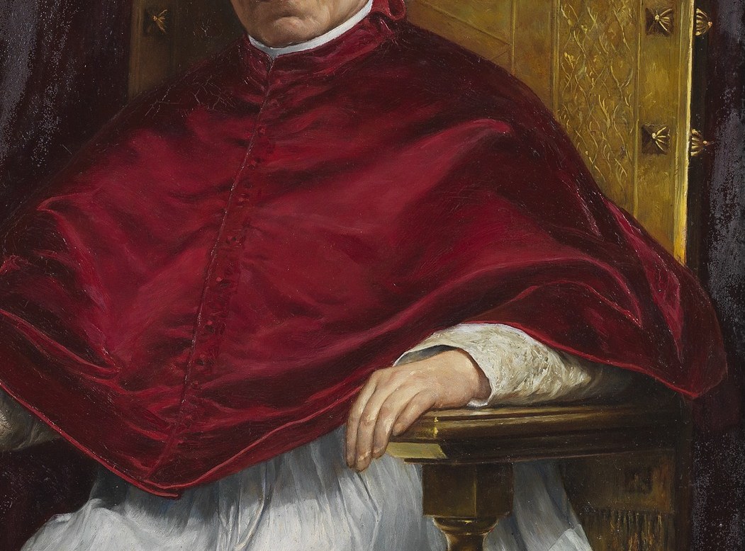 The rich velvet texture and deep color convey authority and spiritual significance.
