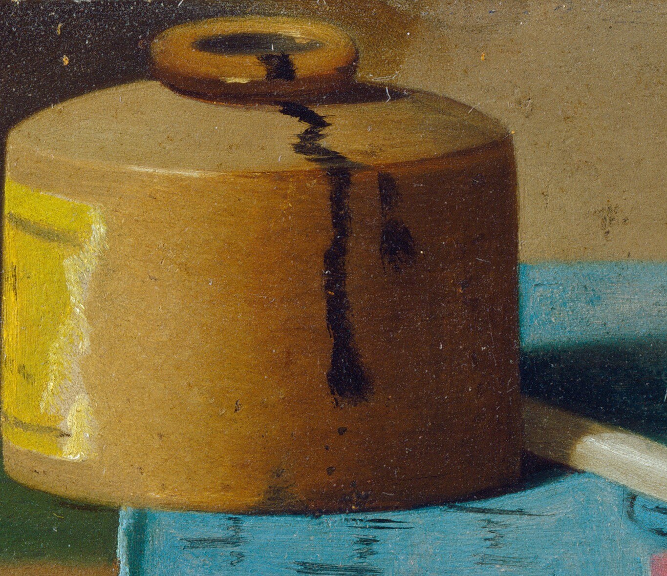 The dominant vertical form anchors the composition; its warm gold-yellow against the cool blue envelope creates the painting's central colour tension.