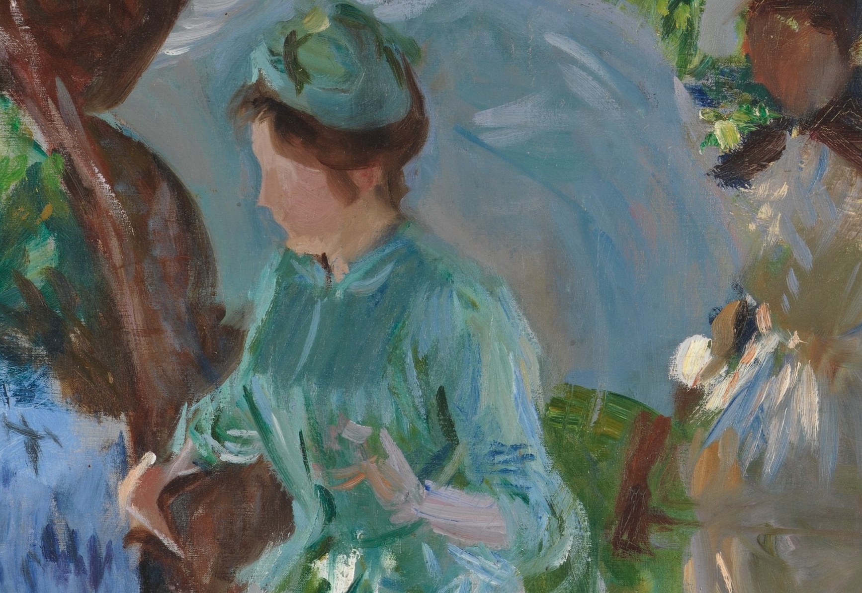 One woman holds a light blue parasol.