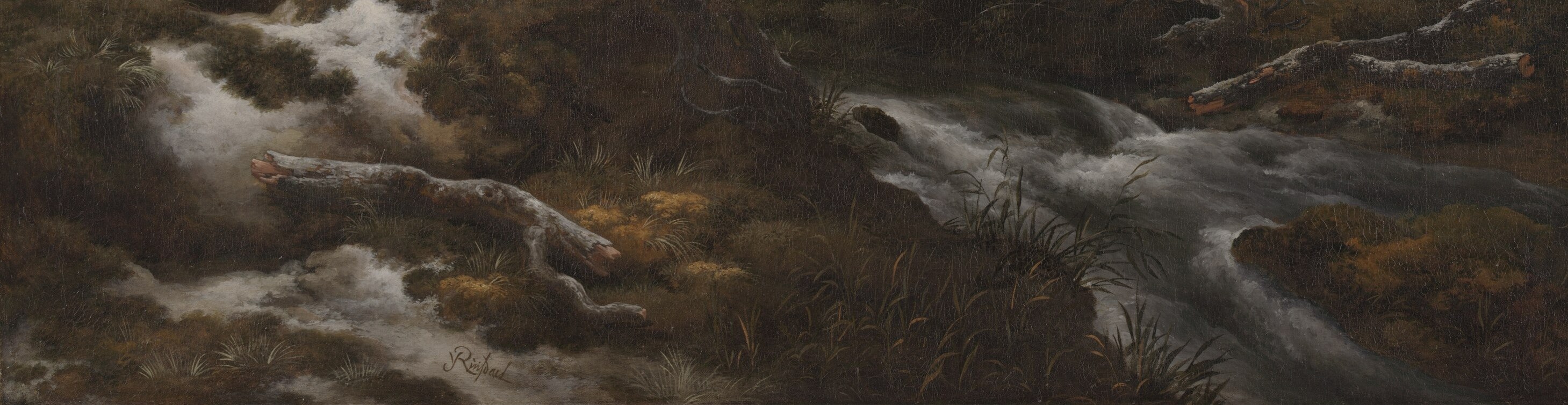 The entry plane; mottled boulders and dark water pull the viewer into the scene and anchor the composition's vertical weight