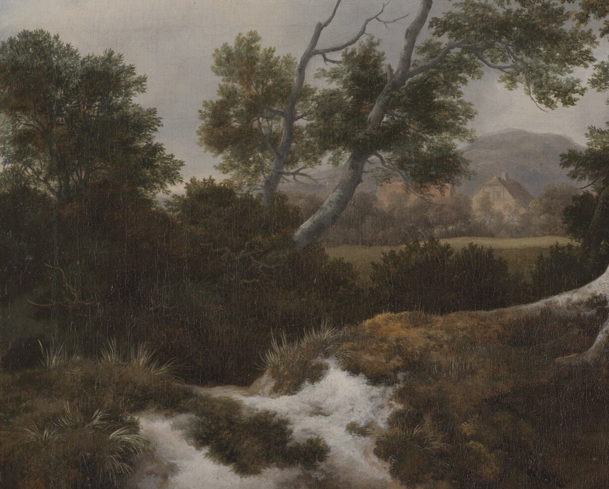 Gives the painting its title; the rushing foam and dark wet rock capture both sound and ceaseless motion , nature's own vanitas clock