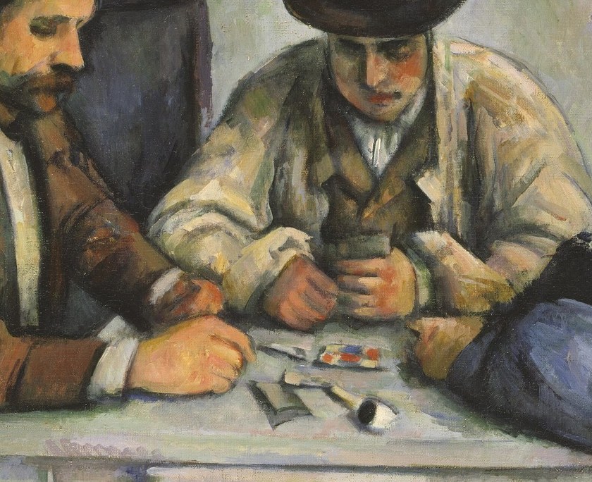 Positioned at the compositional apex, this figure holds cards closest to the viewer , the pivot point of the game's drama.