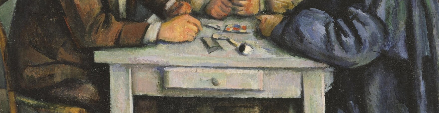 Cézanne renders the cloth with broken, sculptural brushwork , not smooth, but structured; it doubles as a geometric stage for the cards.