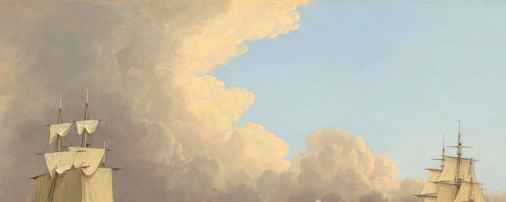 Ward's sky is as much a subject as the ships , the luminous, turbulent clouds create the arctic light and atmospheric grandeur typical of British marine painting