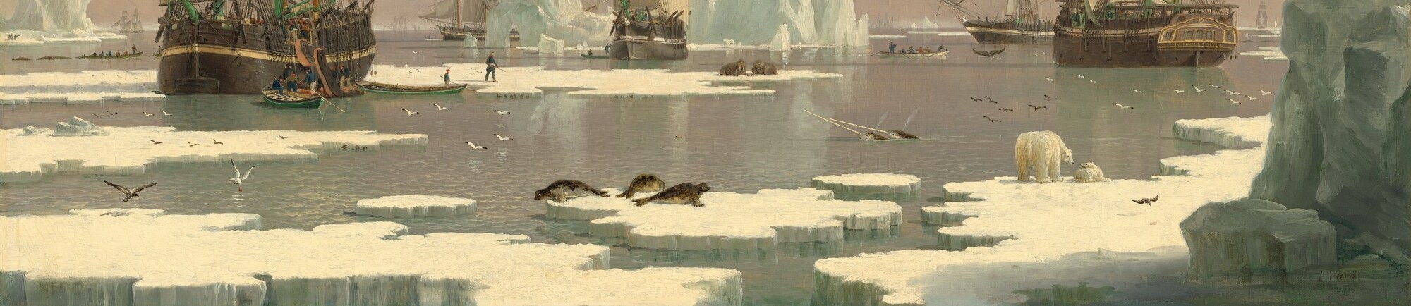The frozen sea surface forces the viewer's eye up into the ships and icebergs, grounding the scene in an authentically polar environment