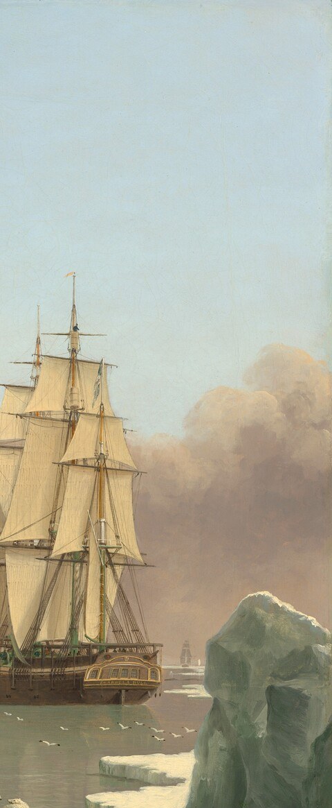 The Arctic's silent threat , its sheer mass dwarfs the ships and embodies the ever-present danger of polar navigation