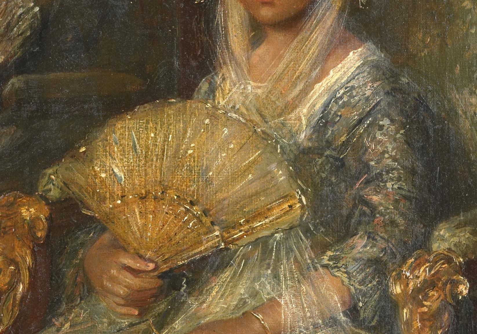 The layered fabric textures , lace over satin , demonstrate Maris's painterly skill and place the sitter firmly in bourgeois fashion of the era.