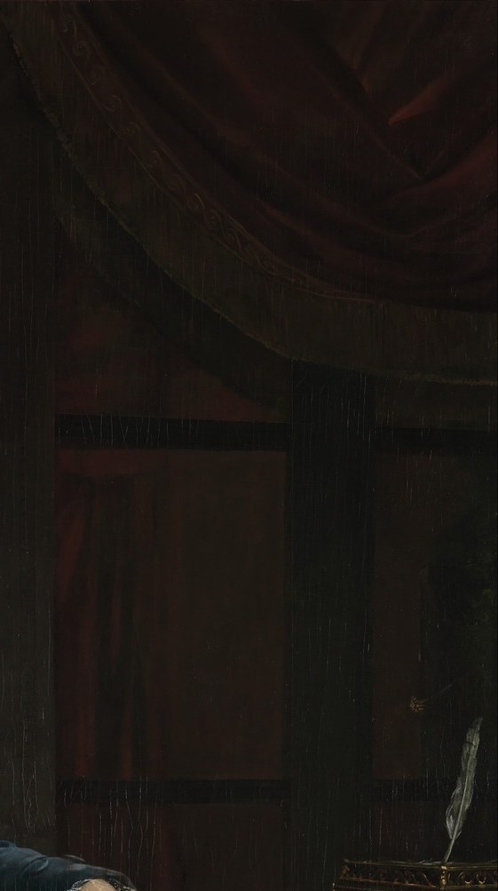 Gérard pools shadow around the figure to push the subject forward , a standard Davidian device, but in the upper-right corner a faint architectural suggestion (possibly a column or drape edge) rewards close looking.