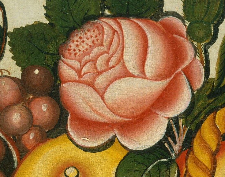 Each fruit and flower is painted with careful detail.