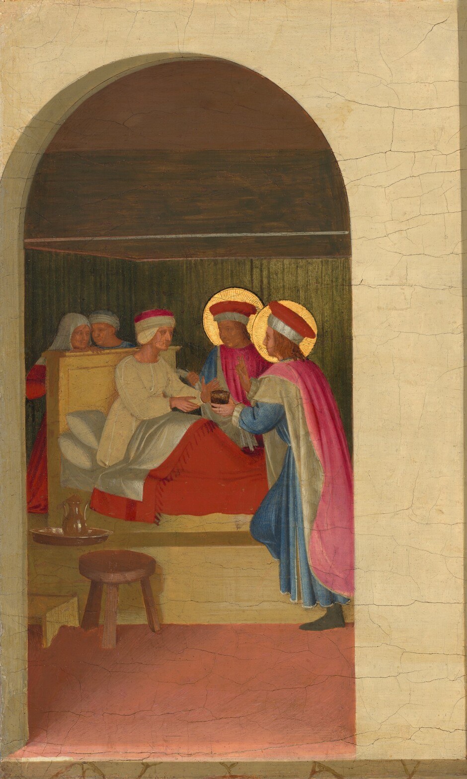 Fra Angelico's 'frame-within-the-frame' device: dropping the first episode into shadow while flooding the second with daylight collapses two temporal moments into one panel , a compositional idea worth explaining on camera.