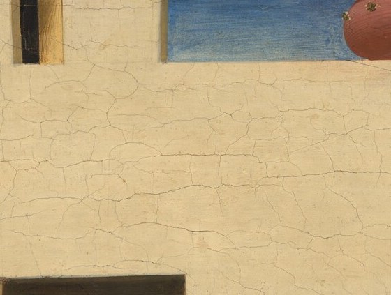 In the bright exterior light the gold discs become almost luminous rather than purely emblematic , Fra Angelico's characteristic fusion of naturalism and sacred sign, noticeable when the halo is placed against sunlit plaster rather than dark interior.