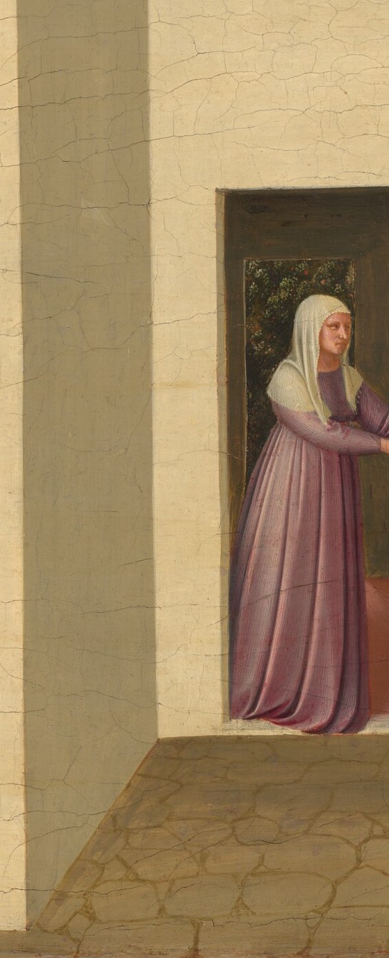The same woman, now erect and warmly dressed: the transformation from bedridden to upright is the panel's emotional payoff, legible without any text.