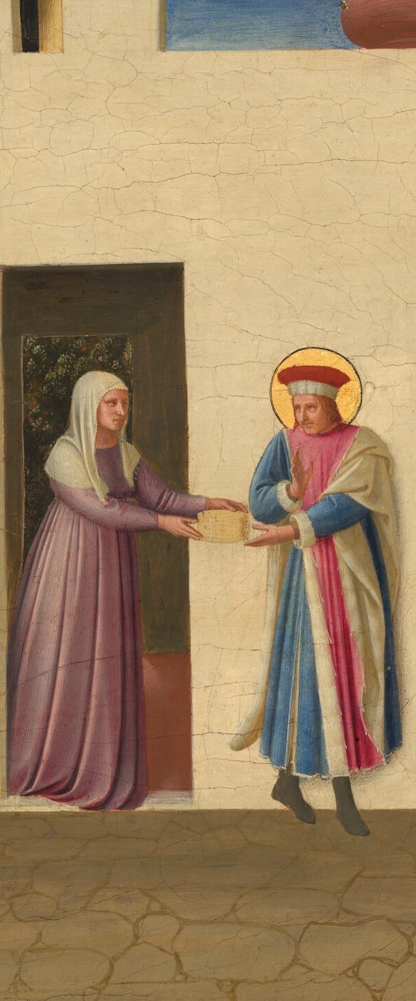 His slightly turned posture and extended hand capture moral ambiguity , is he accepting or hesitating? Cosmas later rebuked him for taking the gift, making this figure's stance the pivot of the whole drama.
