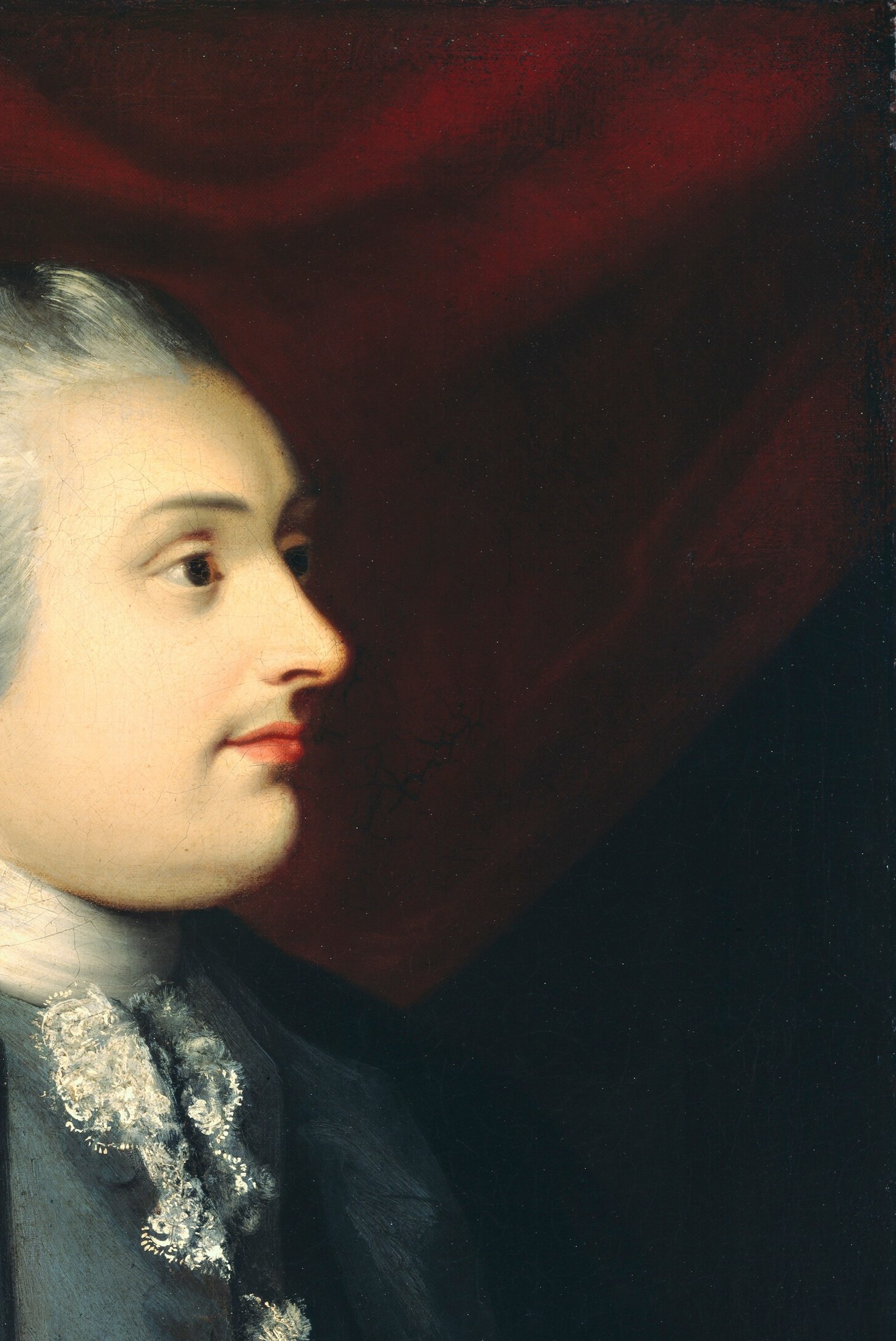 The warm crimson provides the painting's strongest colour contrast and bathes the Duke's right side in a theatrical glow; red drapery was a conventional symbol of power and passion in 18th-century portraiture.
