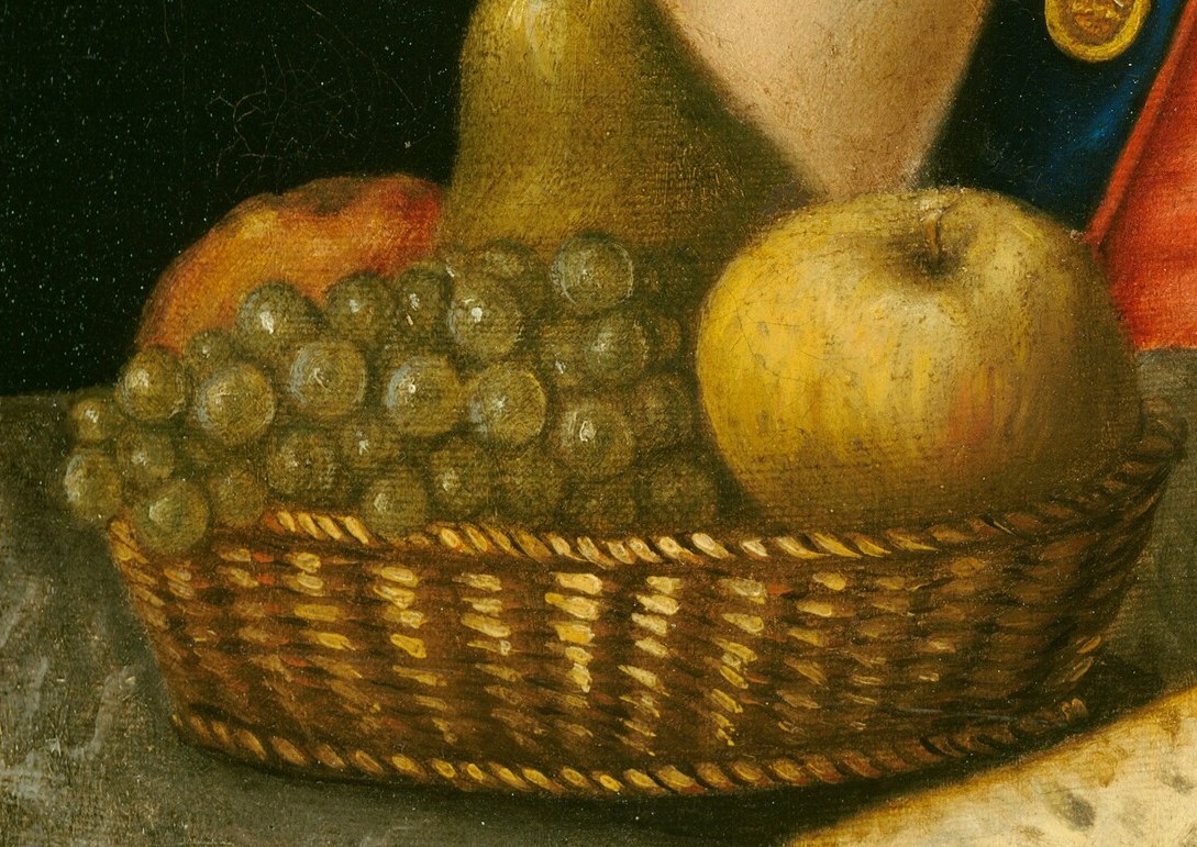 He holds a basket of fruit, carefully rendered.