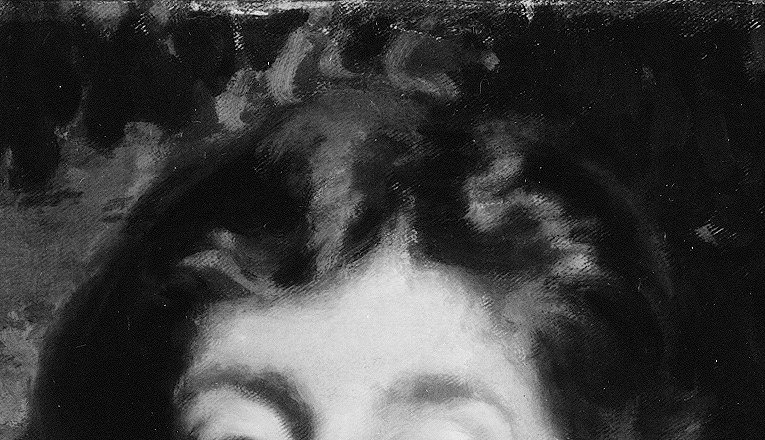 His brushstrokes here define the texture of her dark hair.