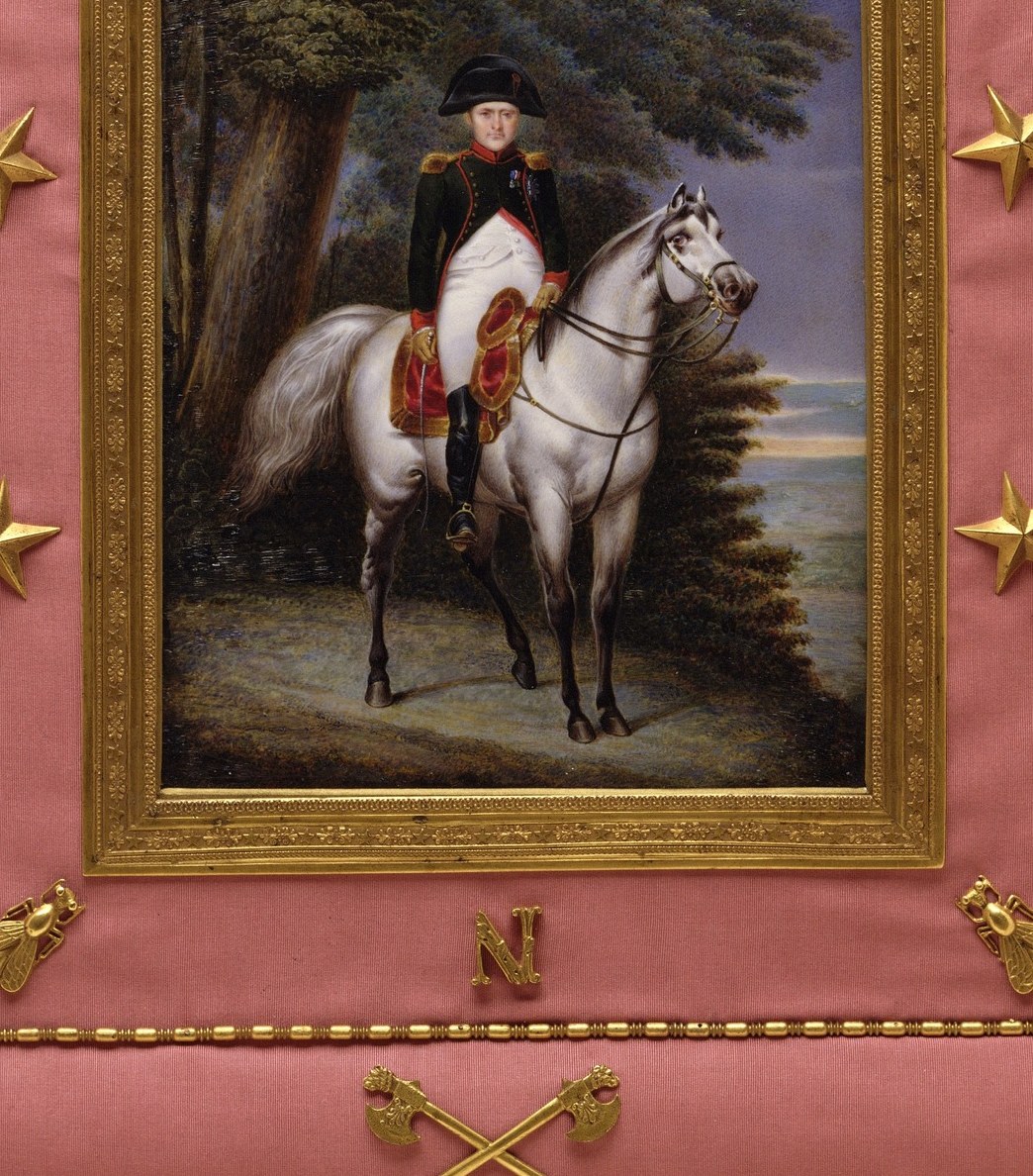 The gleaming white coat dominates the canvas; white horses in imperial iconography signal divine favour and conquest , not a neutral colour choice.