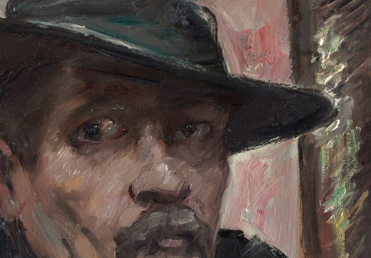 The hat casts a shadow, adding to the dramatic and somewhat somber mood.