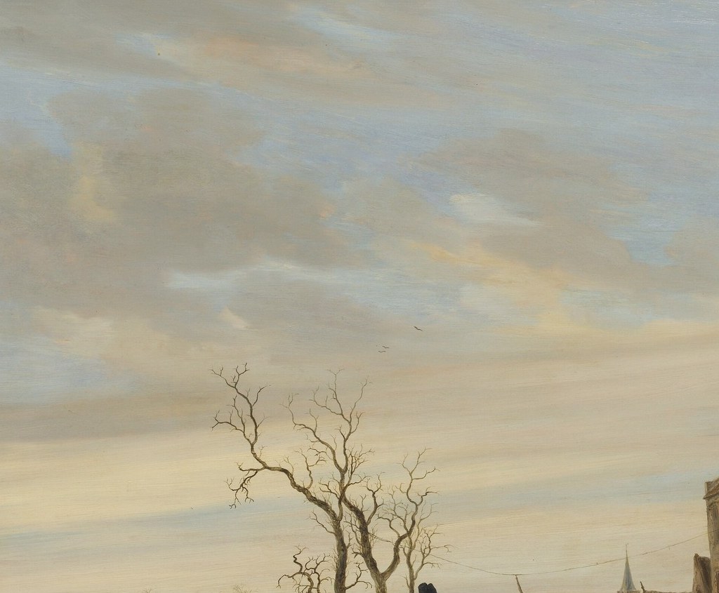 Leafless branches silhouetted against the sky are a Ruysdael signature; they provide rhythm and depth while reinforcing the cold, raw season of the outdoor festival.