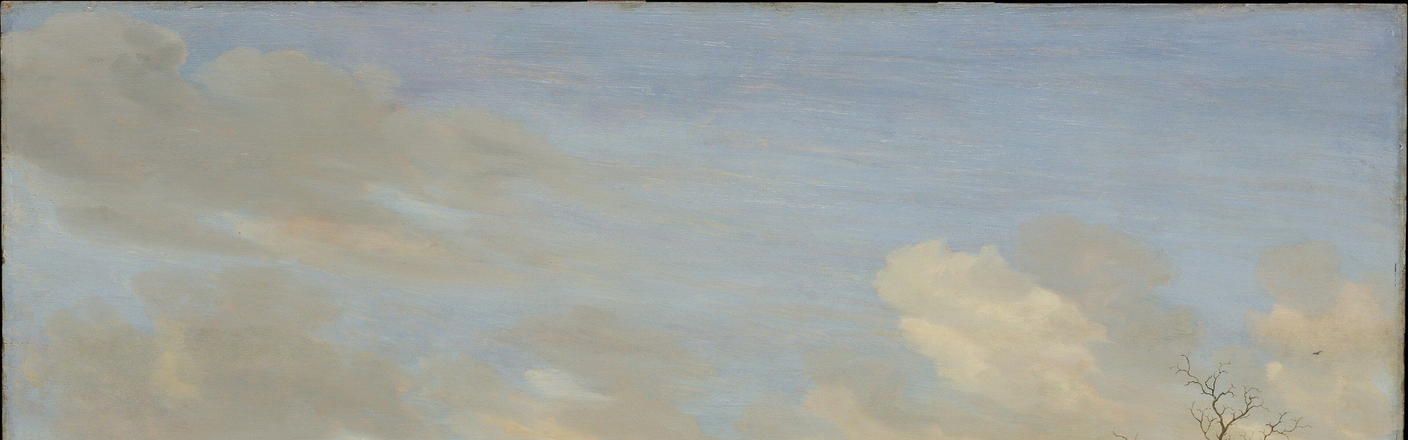 Roughly half the canvas is sky , characteristic of Dutch Golden Age landscape; warm light breaking through grey cloud creates the luminous, overcast atmosphere that unifies the composition.