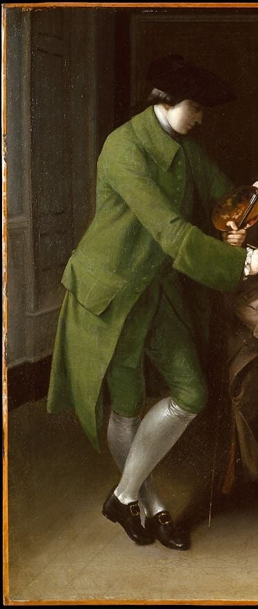 The authority-figure of the entire scene; his upright posture and outstretched arm define the pedagogical dynamic, this is the man who would become second President of the Royal Academy