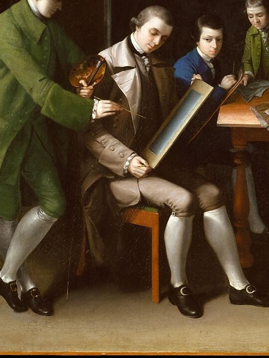 Body language of concentrated deference, the crouch under the teacher's eye captures exactly what academic apprenticeship felt like in 1765