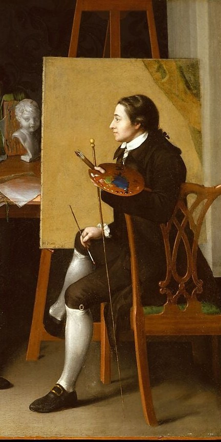 The painter painting himself in the act of painting, a quiet autobiographical signature within a group portrait, unusual for 1765 American art