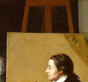 His steady outward gaze breaks the fourth wall, implicating the viewer as yet another presence in the studio and marking this as a self-portrait