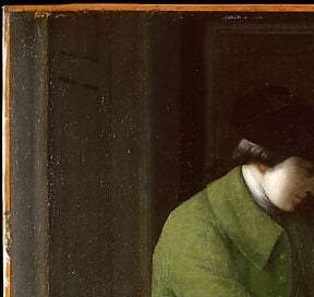 Calm, appraising expression projects mastery; close-up would reveal whether Pratt flattered or honestly rendered his own teacher