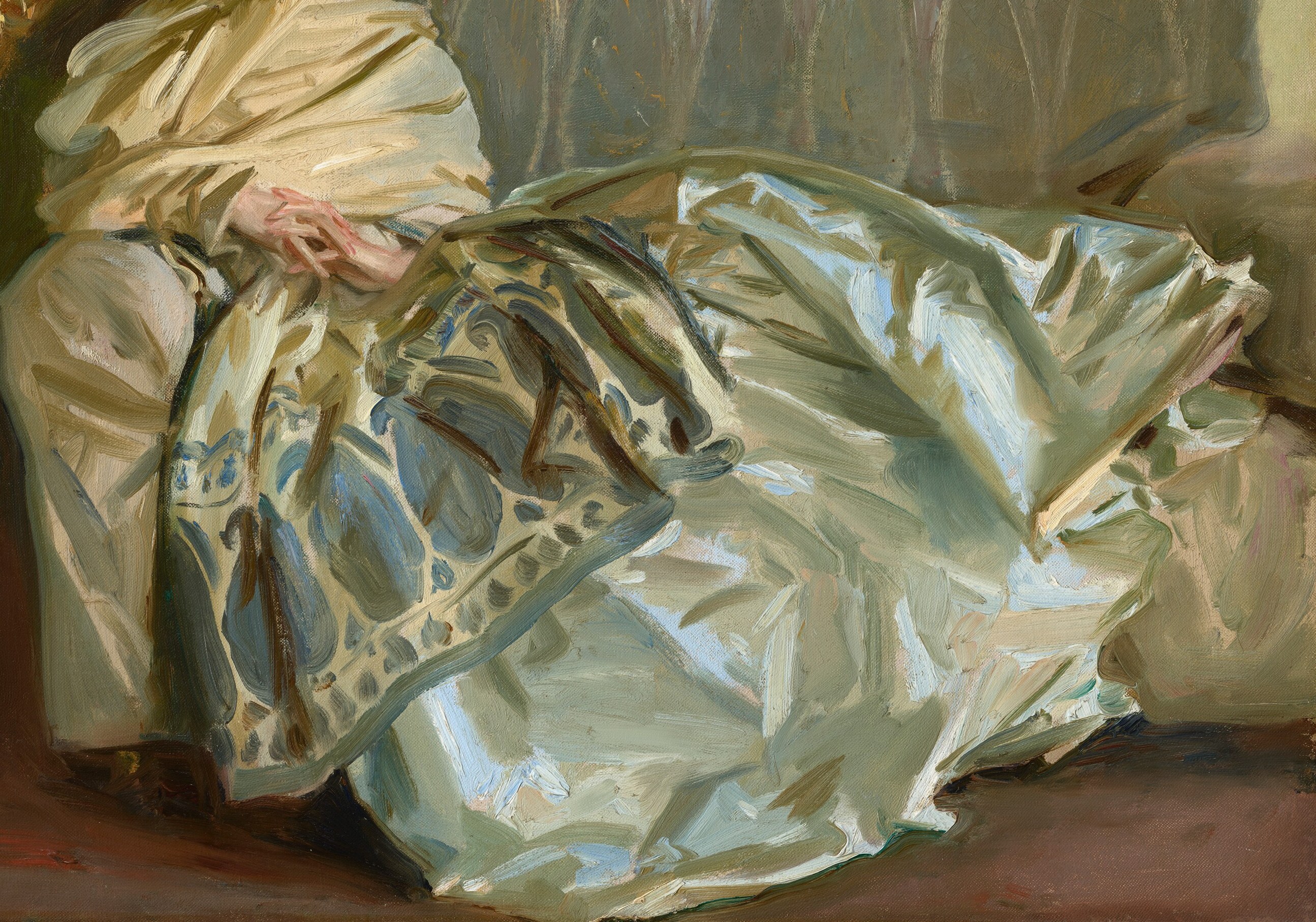 He renders the shimmering silk with bravura strokes.