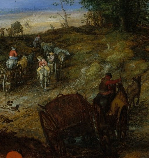 The dominant human-animal pairing anchors the composition; the rider's posture and the horse's musculature are the visual fulcrum of the entire scene.