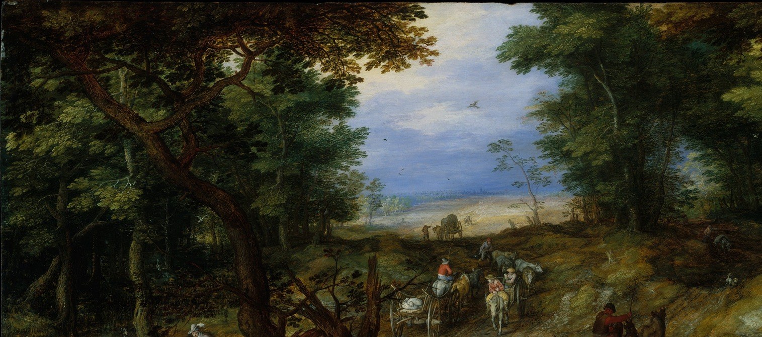 Brueghel constructs a natural cathedral nave of foliage , a signature device that frames the travelers and gives the painting its atmospheric depth.